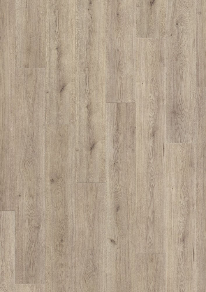 Ljust grått laminatgolv med trästruktur och fasade kanter.