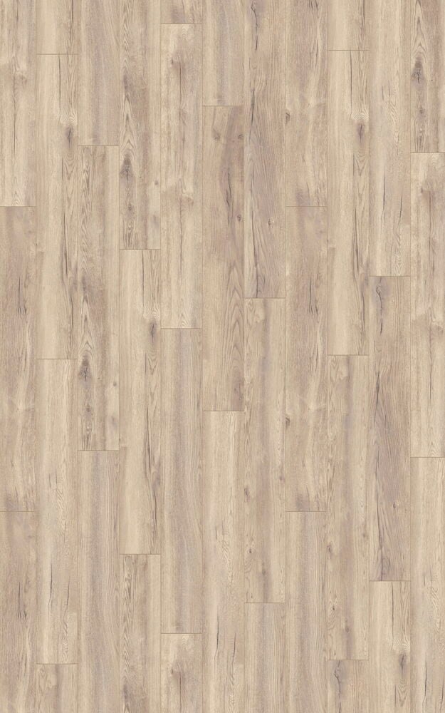 Laminatgolv i ek med beige nyans.