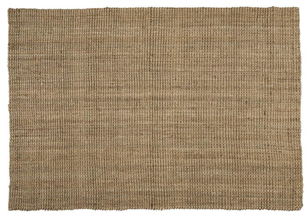Rektangulær sandfarget juteteppe mot hvit bakgrunn.