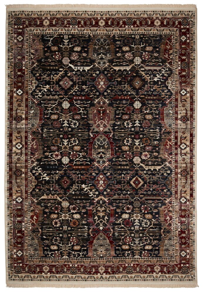 Suorakaiteen muotoinen Matto Selina 160x240 cm monivärisellä kuviolla, musta keskusta, punainen reunus ja beiget hapsut.