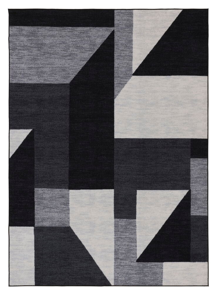 Schwarzer Polyamid-Teppich mit geometrischem Muster in Schwarz, Dunkelgrau und Hellgrau.