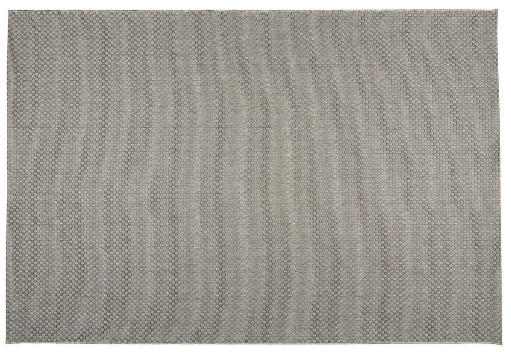 Suorakulmainen harmaa matto hienovaraisella kuviolla.