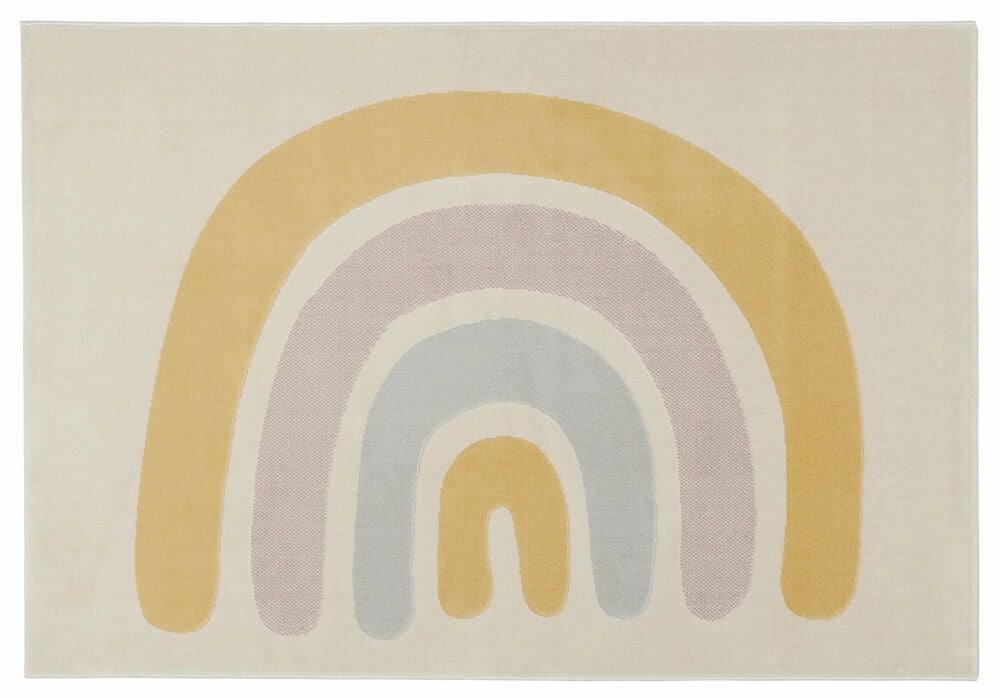 Matta med pastellfärgad regnbåge på ljus botten.