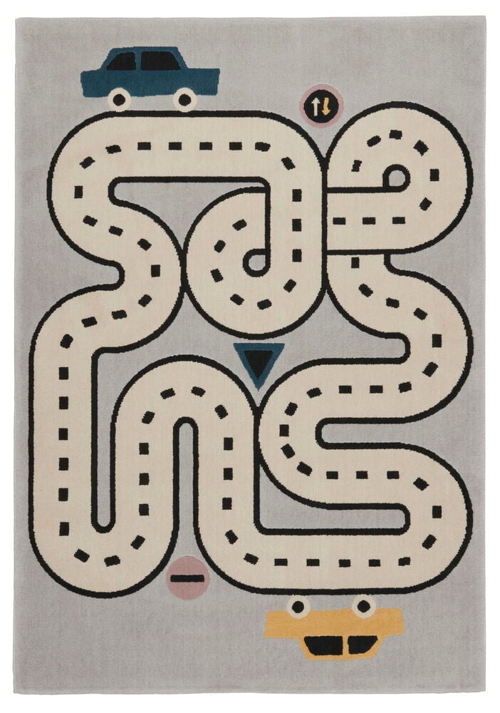 Multifärgad polypropen Car track matta med grå bakgrund, benvit bana, blå bil och gul bil.