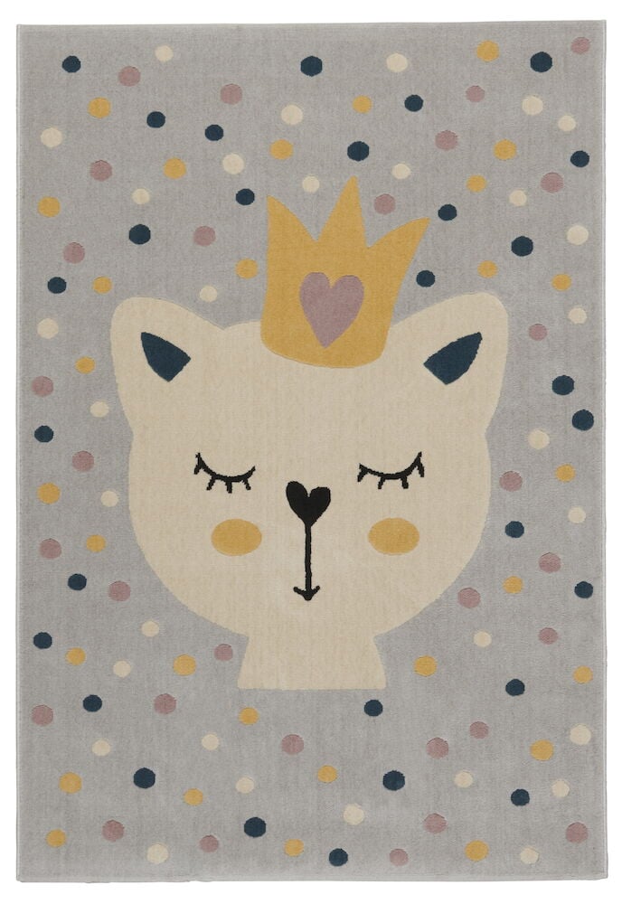 Barnmatta med kattmotiv och prinsesskrona på prickig bakgrund.