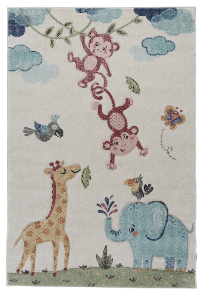 Värikäs matto eläinaiheilla lastenhuoneeseen.