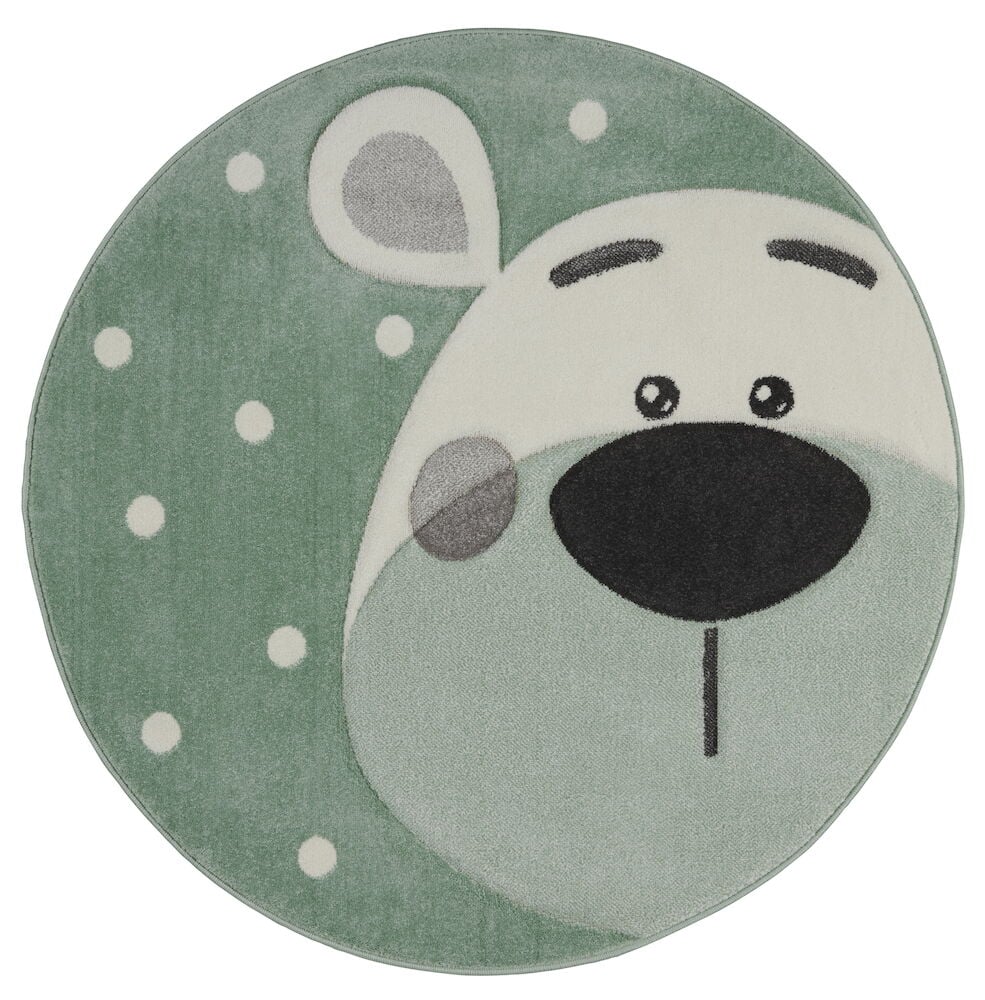 Rund grön barnmatta med isbjörnsmotiv och prickar.