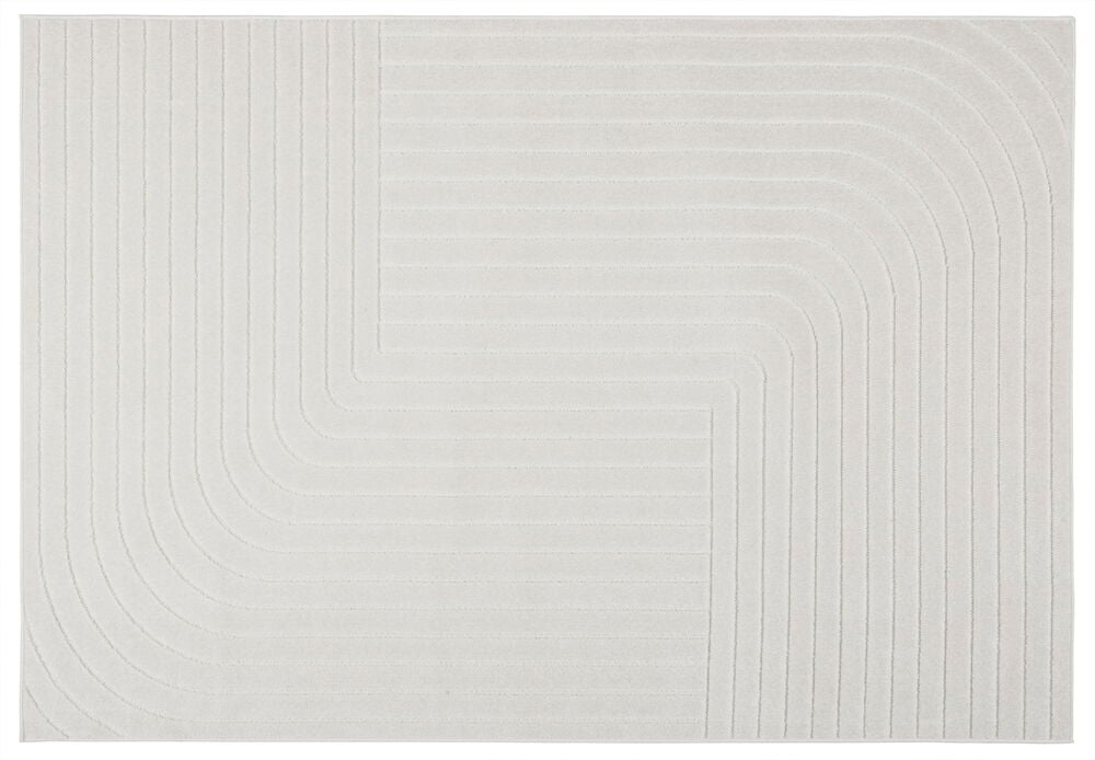 Suuri offwhite matto, jossa on moderni kaareva linjadesign.