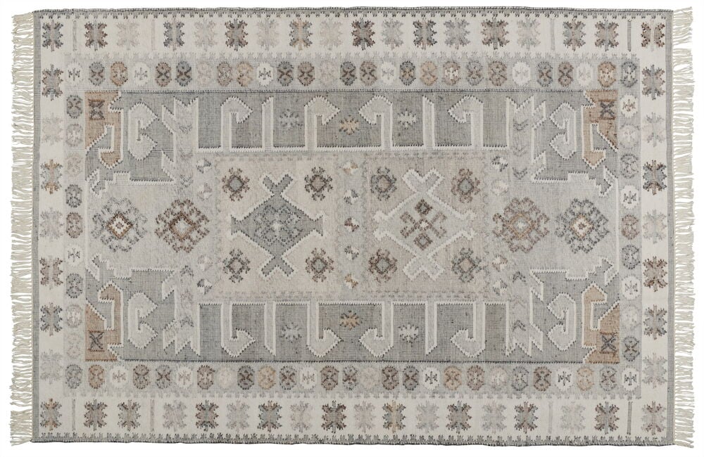 Punottu monivärinen matto, jossa on kelimkuvio ja hapsut.