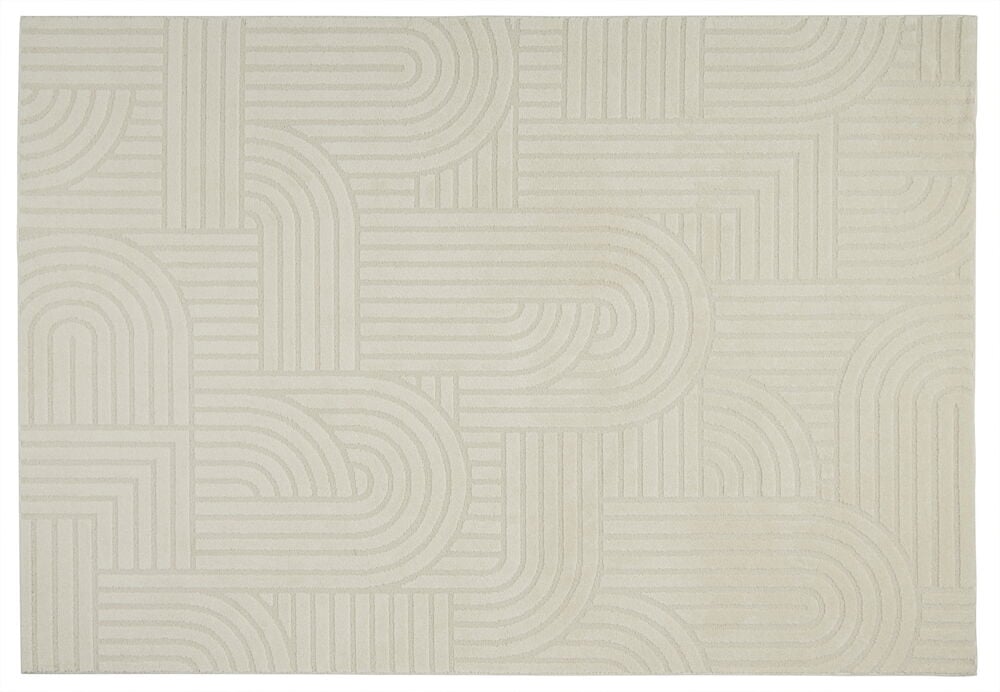 Cremefarget teppe med grafisk mønster og struktur.
