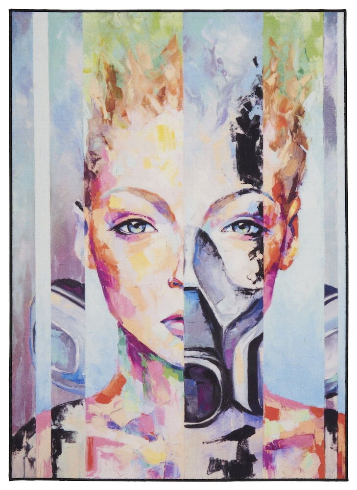 Färgglad matta med kvinnoansikte och gasmask