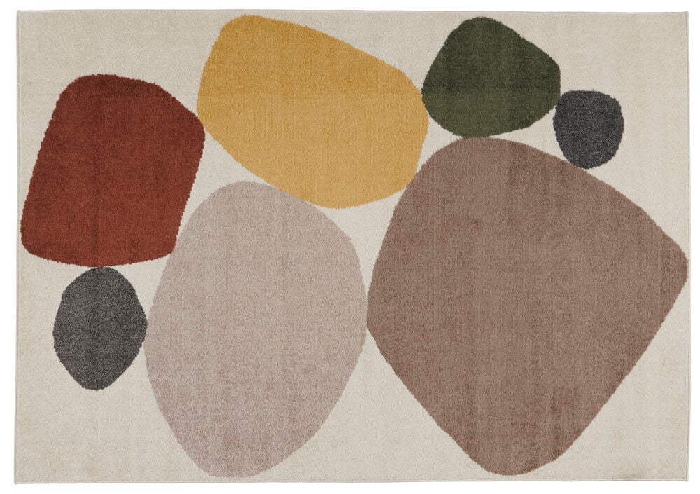 Teppich mit großen farbigen Formen auf hellem Hintergrund.