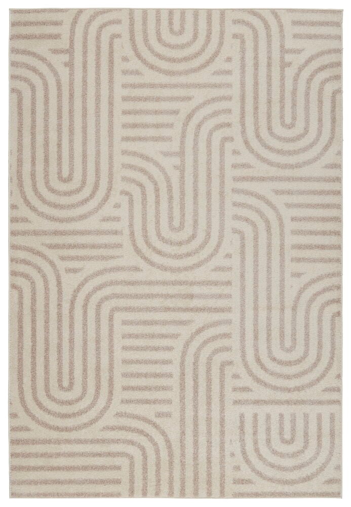Matta Mona, en rektangulär beige matta i polypropen med ett abstrakt geometriskt mönster av böjda och raka linjer.