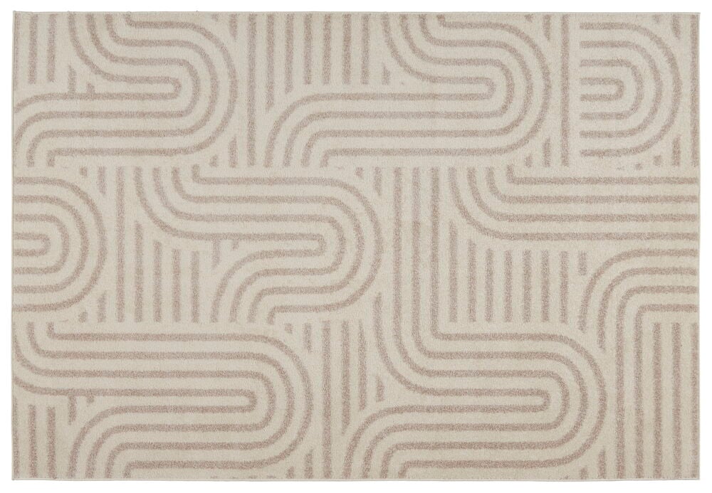 Suorakaiteen muotoinen beige Matto Mona polypropeenista, jossa abstrakti geometrinen kuvio vaaleanruskeista kaarista ja viivoista.