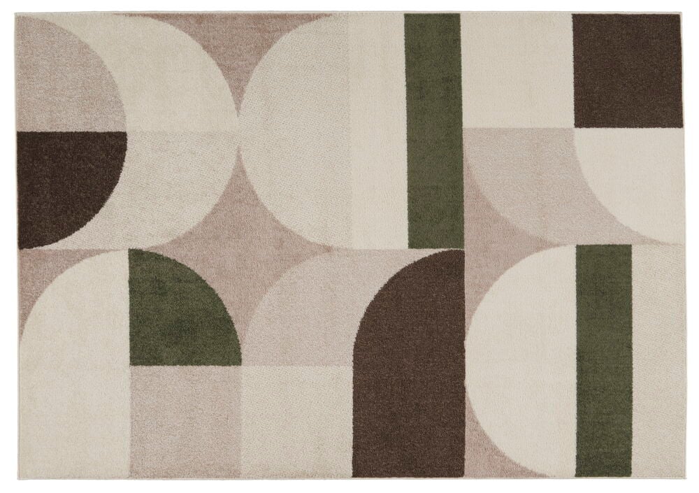Beiger Teppich mit grafischem Muster in gedämpften Farben.