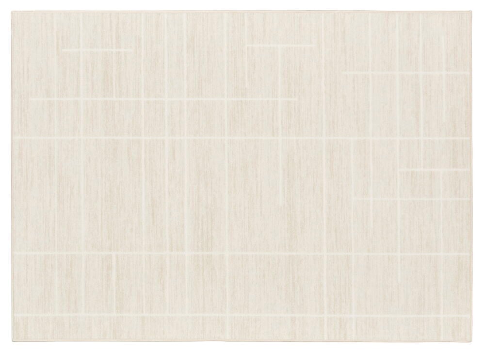 Vaaleanbeige tuftattu matto, jossa on graafinen kuvio.