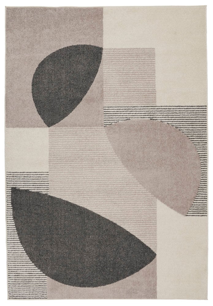 Teppich Lina Grau Polypropylen, abstraktes geometrisches Muster mit grauen, beigen und weißen Kurven und Streifen.