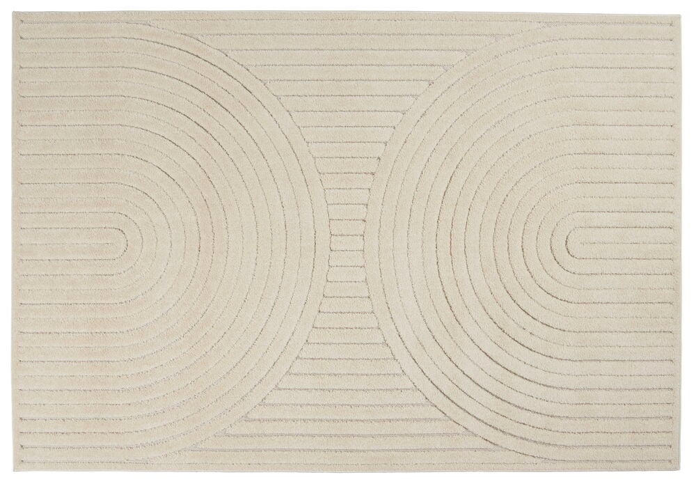 Off-white teppe med stilrent sirkulært mønster.