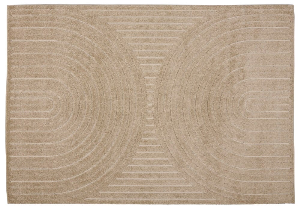 Beige polypropeenimatto Tindra 160x230 cm, jossa on kuvio konsentrisista kaarista ja pystysuorista viivoista.