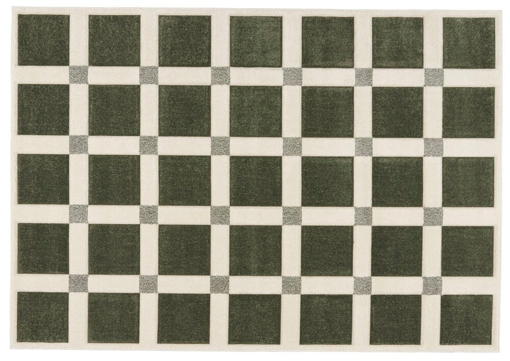 Grønn og hvit matte med rutemønster.