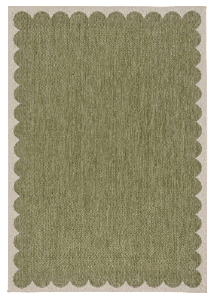 Matta Lydia, grön och rektangulär, med beige vågig kant och vävd textur.