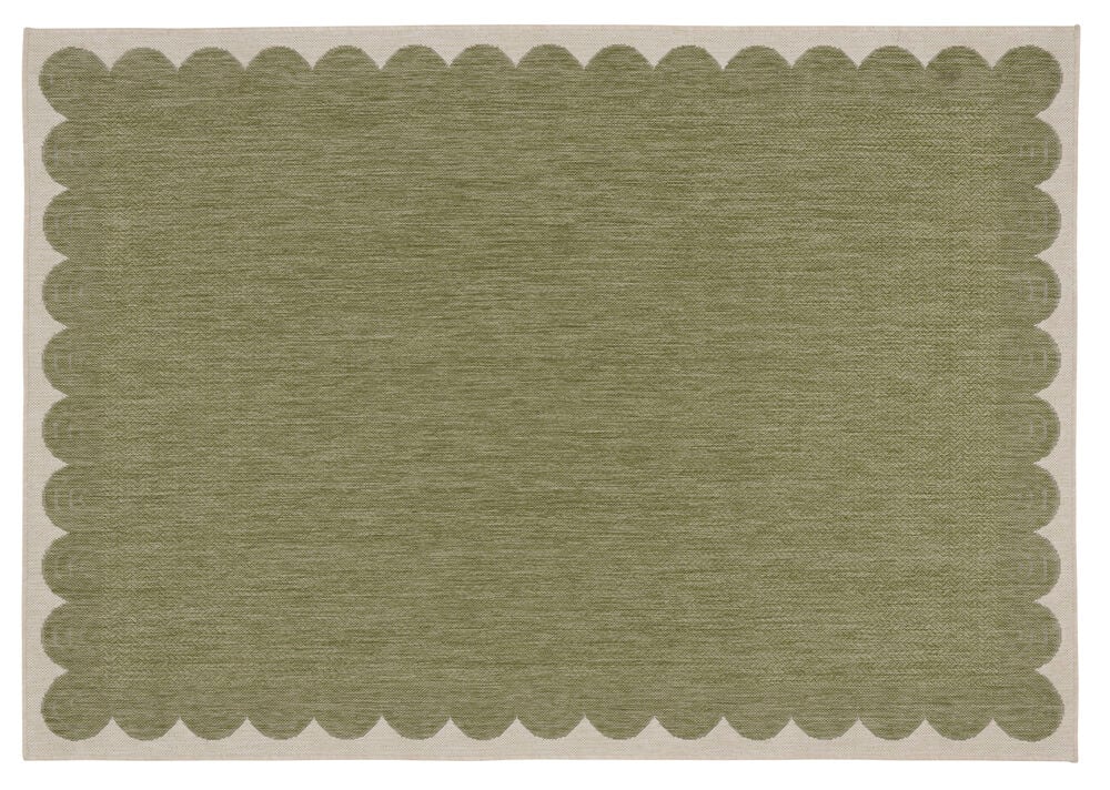 Matta Lydia, grön och rektangulär, med beige vågig kant och vävd textur.