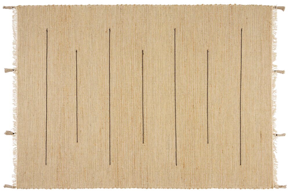 Rektangulær beige matte med svarte vertikale linjer.