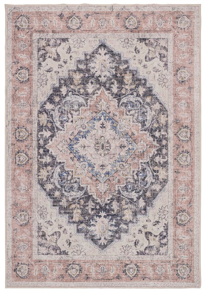 Teppe Clara 160x230 cm Rust Polyester med et slitt blomstermedaljongmønster i rust, kremhvitt og mørkeblått.