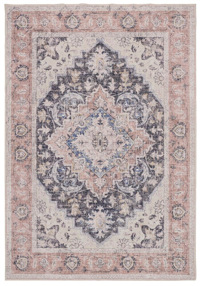 Matta Clara 200x290 cm Rost Polyester, en sliten rektangulär matta i rost, blått och beige medaljongmönster.