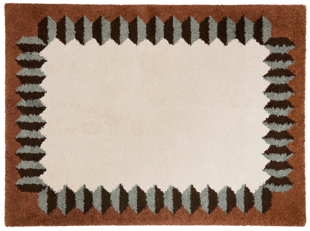 Rechteckiger Teppich mit braunem und grauem Rand.