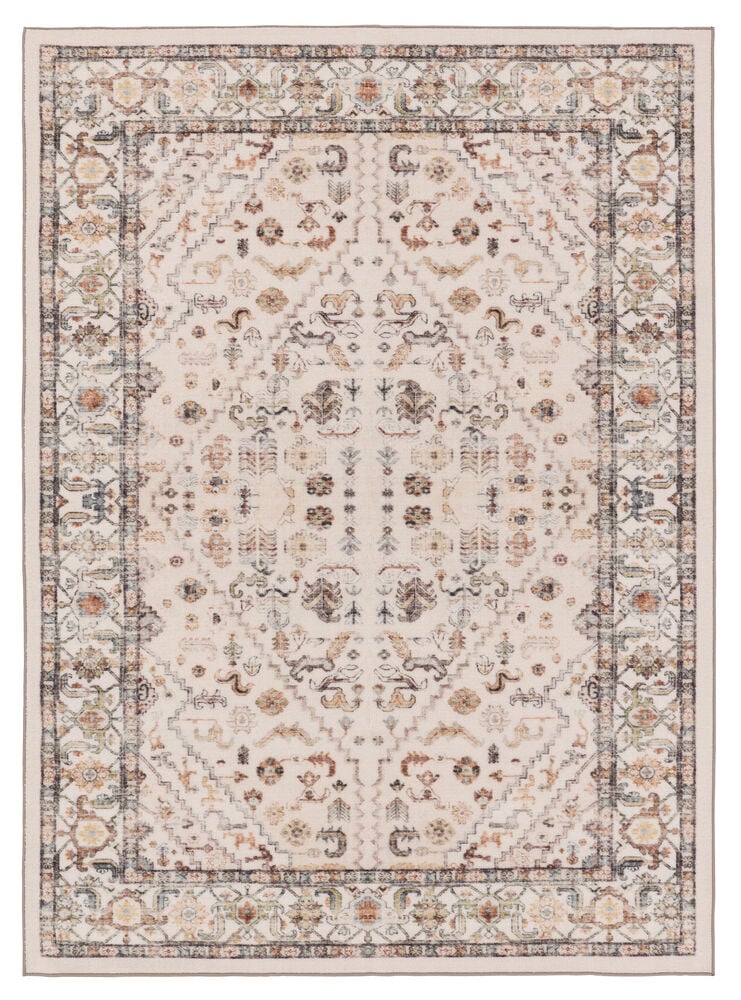 Beige polyamidimatto Erna, jossa on monimutkaisia perinteisiä kuvioita ruskeana, oranssina ja harmaana.