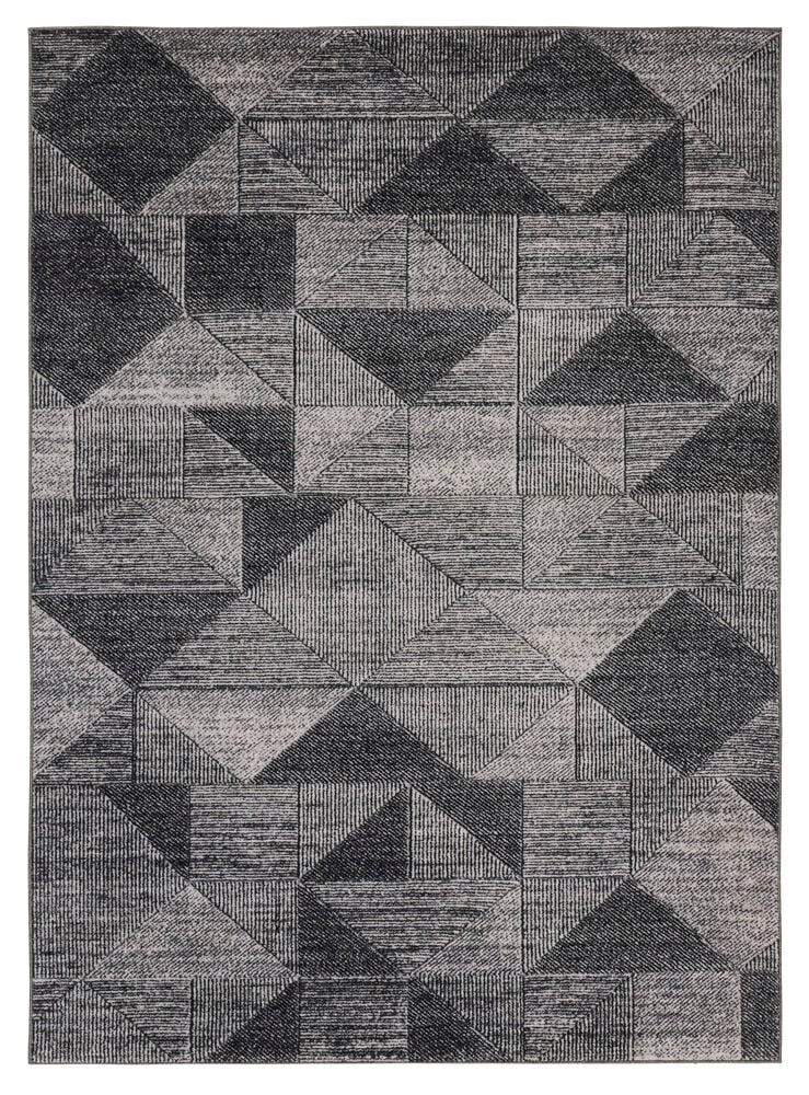 Dunkelgrauer Polyamidteppich mit geometrischem Muster aus Dreiecken und Quadraten in verschiedenen Farbtönen.