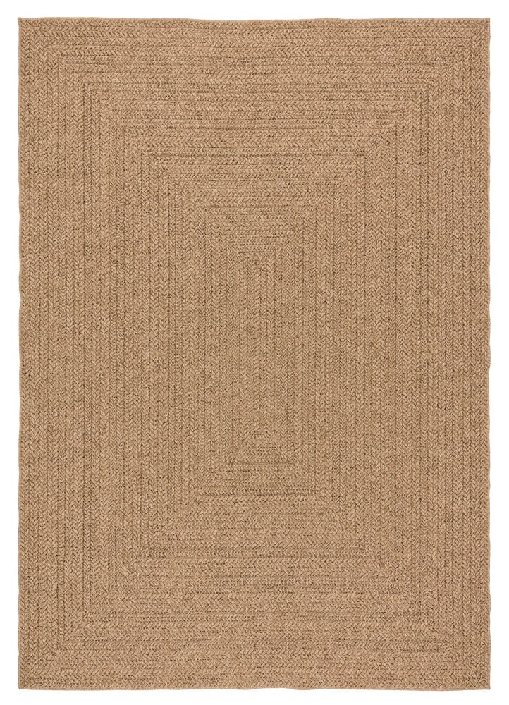 Ein quadratischer sandfarbener Katja Teppich aus Polypropylen mit geflochtener Textur.