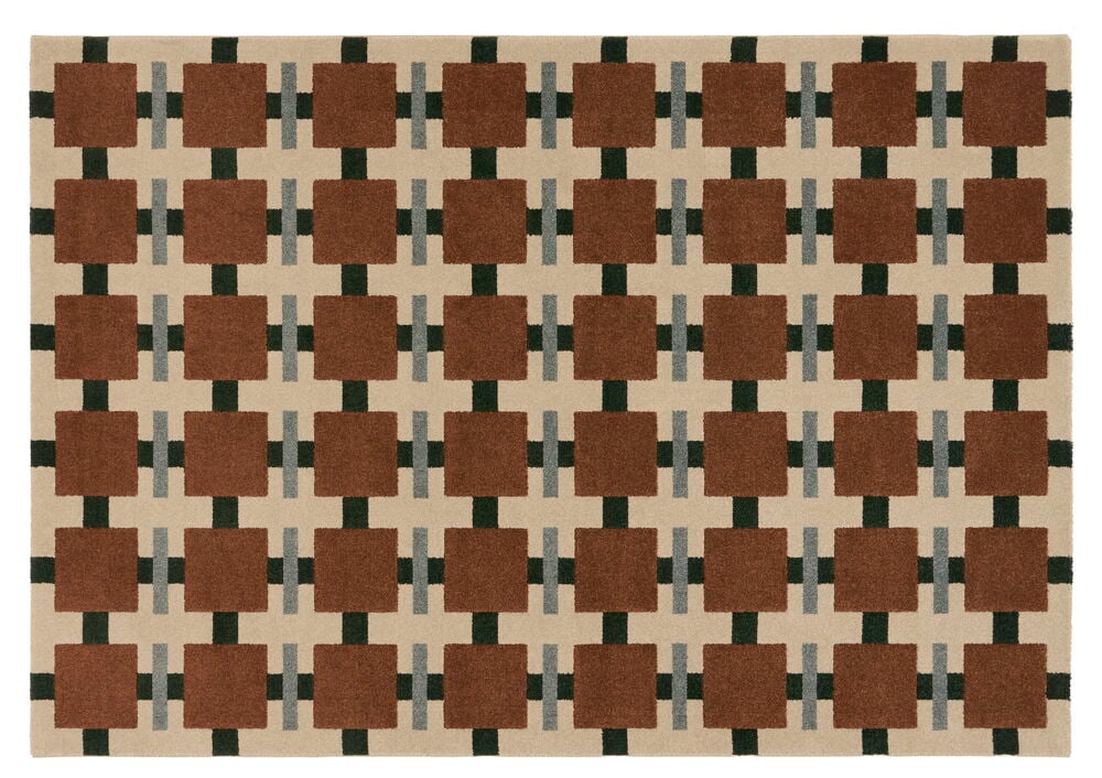 Rektangulært Susanna teppe i polyester med rustfargede ruter, mørkegrønne og grå staver på beige bakgrunn.