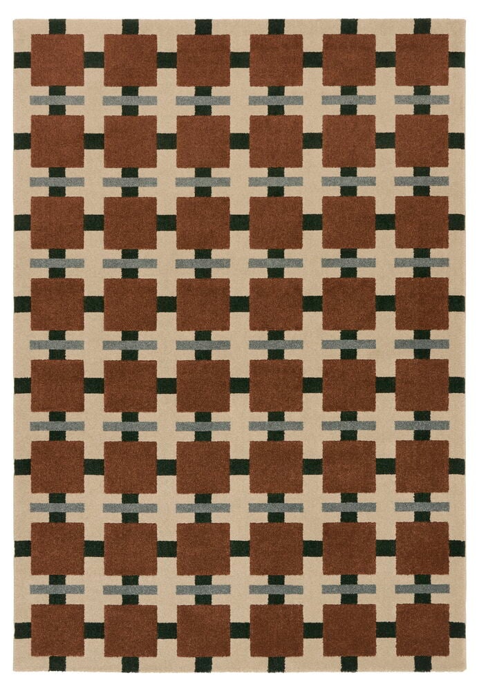 Teppe Susanna er et rektangulært polyesterteppe med rust, mørkegrønn, grå og beige rutemønster.