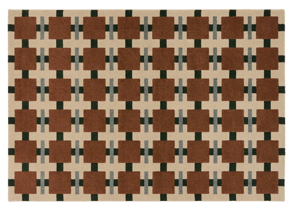 Teppe Susanna 200x290 cm Rust Polyester, med brune ruter, grønne og grå linjer på beige.