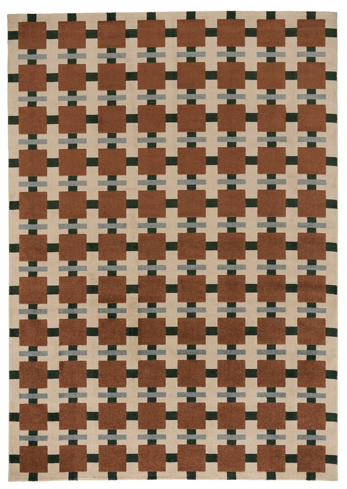 Rust Susanna polyesterteppe med geometrisk mønster av brune firkanter, grønne og grå linjer på beige.