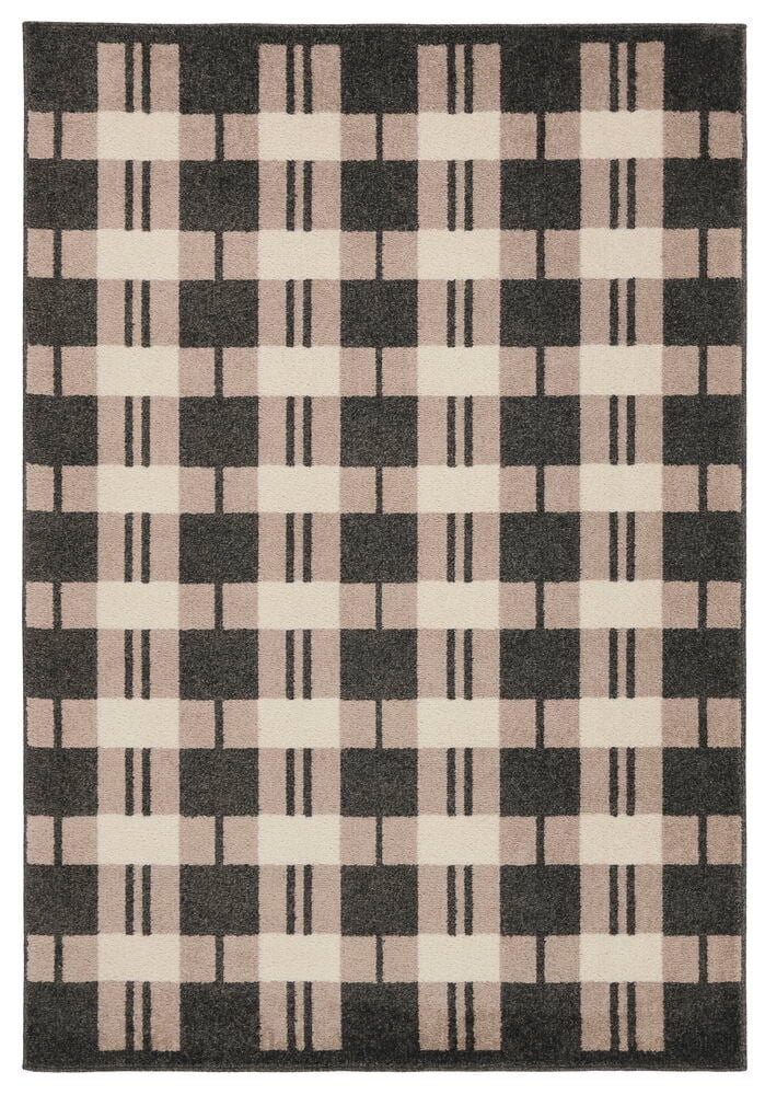 Tummanharmaa polypropeenimatto, jossa on beige ja luonnonvalkoinen ruutukuvio.
