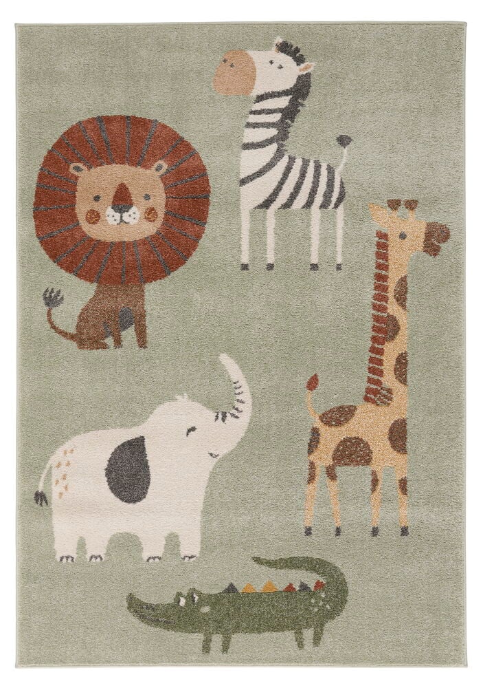 Multifärgad Polypropenmatta, rektangulär, ljusgrön botten med lejon, zebra, giraff, elefant, krokodil.