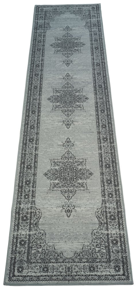 Grå gångmatta med tryckt mönster och mörk ram.