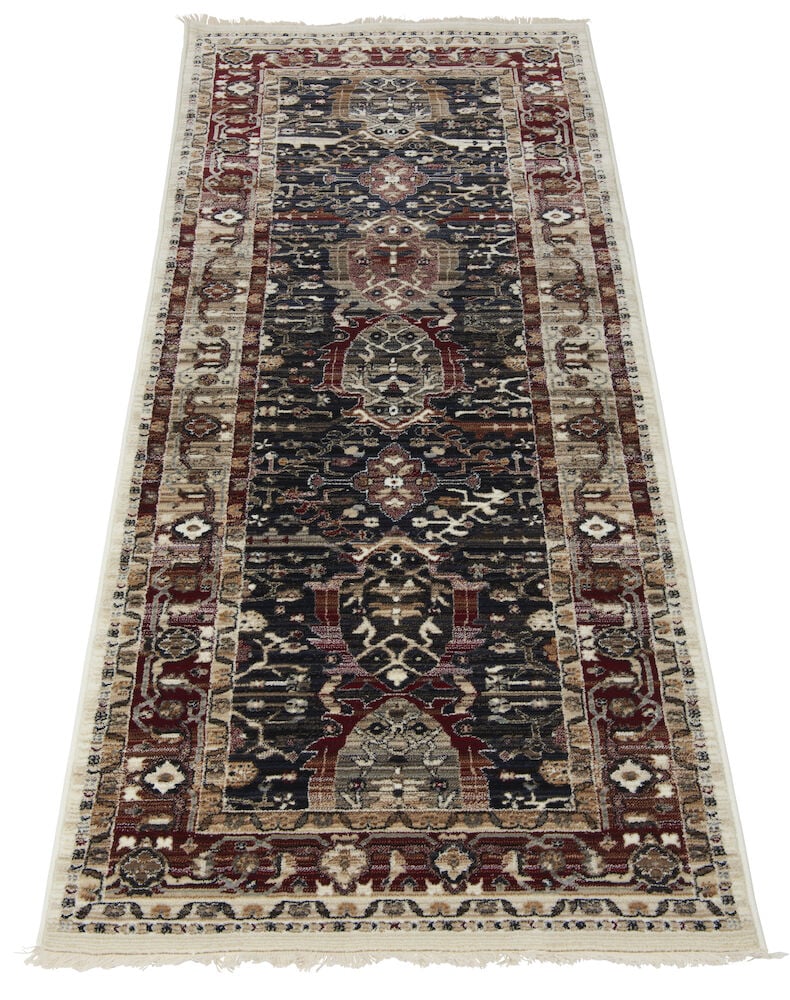 Langer Teppichläufer mit orientalischem Muster und Fransen.