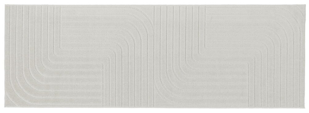 Valkoinen käytävämatto, jossa on tyylikäs kuviointi.
