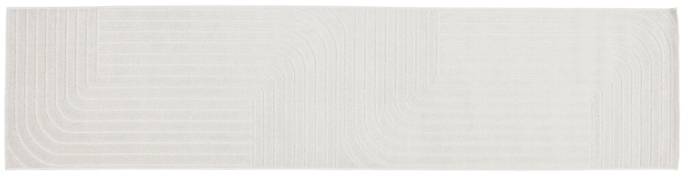 Lång offwhite gångmatta med abstrakt mönster.