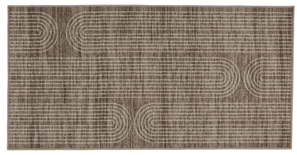 Ruskea käytävämatto, jossa on graafinen kuvio polyamidista.