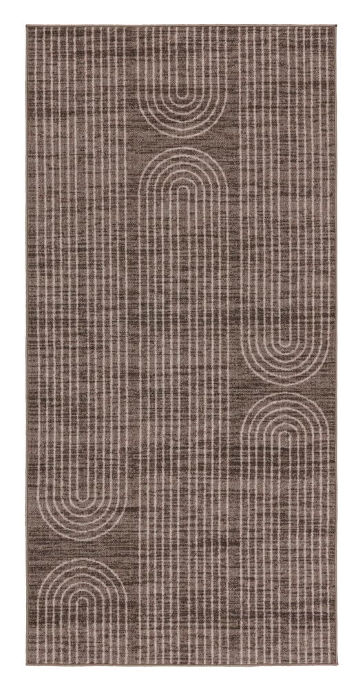 Brauner Polyamid Läufer Nellie 80x160 cm mit vertikalen Streifen und hellen halbkreisförmigen geometrischen Mustern.