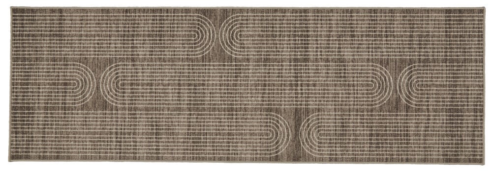 Ruskea käytävämatto, jossa on graafinen kuvio polyamidista.