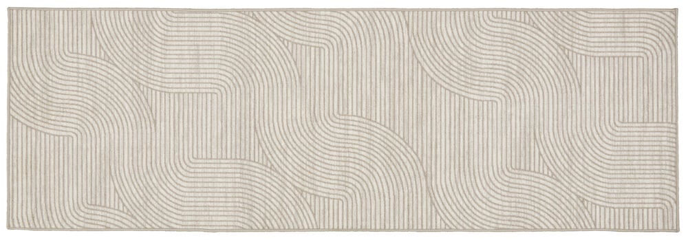 Beige gångmatta med mönster av böjda linjer.