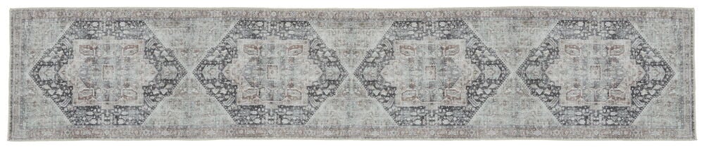 Lång multifärgad gångmatta med klassiskt mönster.