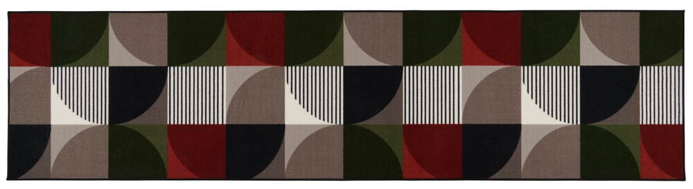 Käytävämatto, jossa on abstrakti kuvio useissa väreissä.