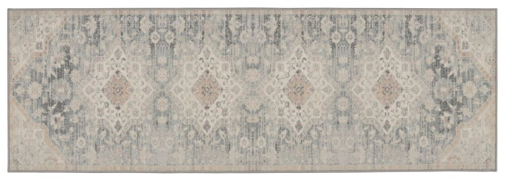 Harmaa käytävämatto orientaalityylisellä kuviolla ja vanhennettu pinta.